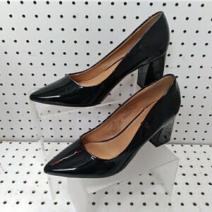 About | Black Shoes | Women's Patent Mid Block Heel Pump Pointy-toe Slip-on 8M